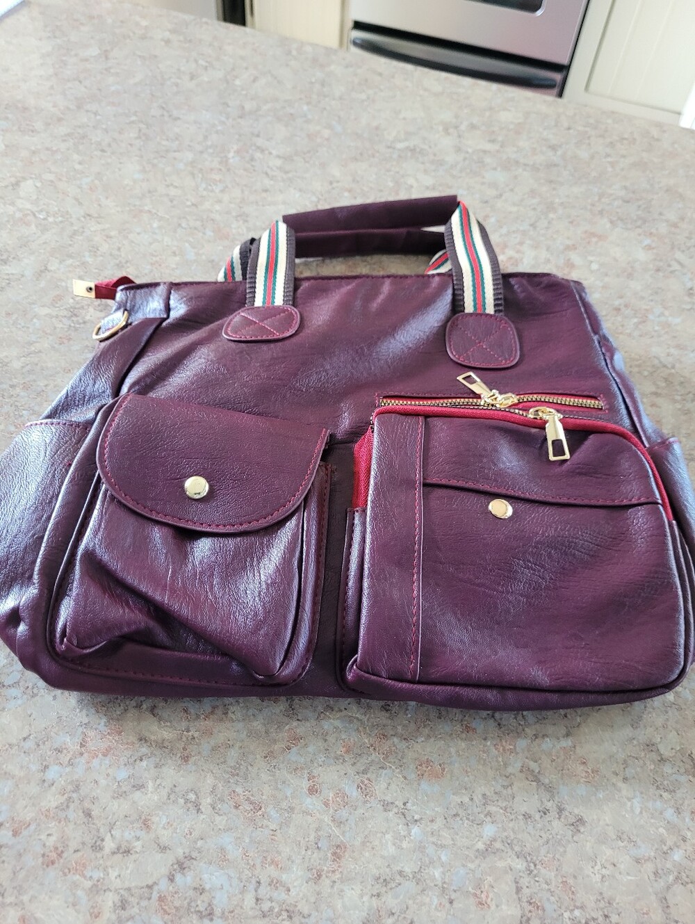 Plum Leather Bag with Front Pockets